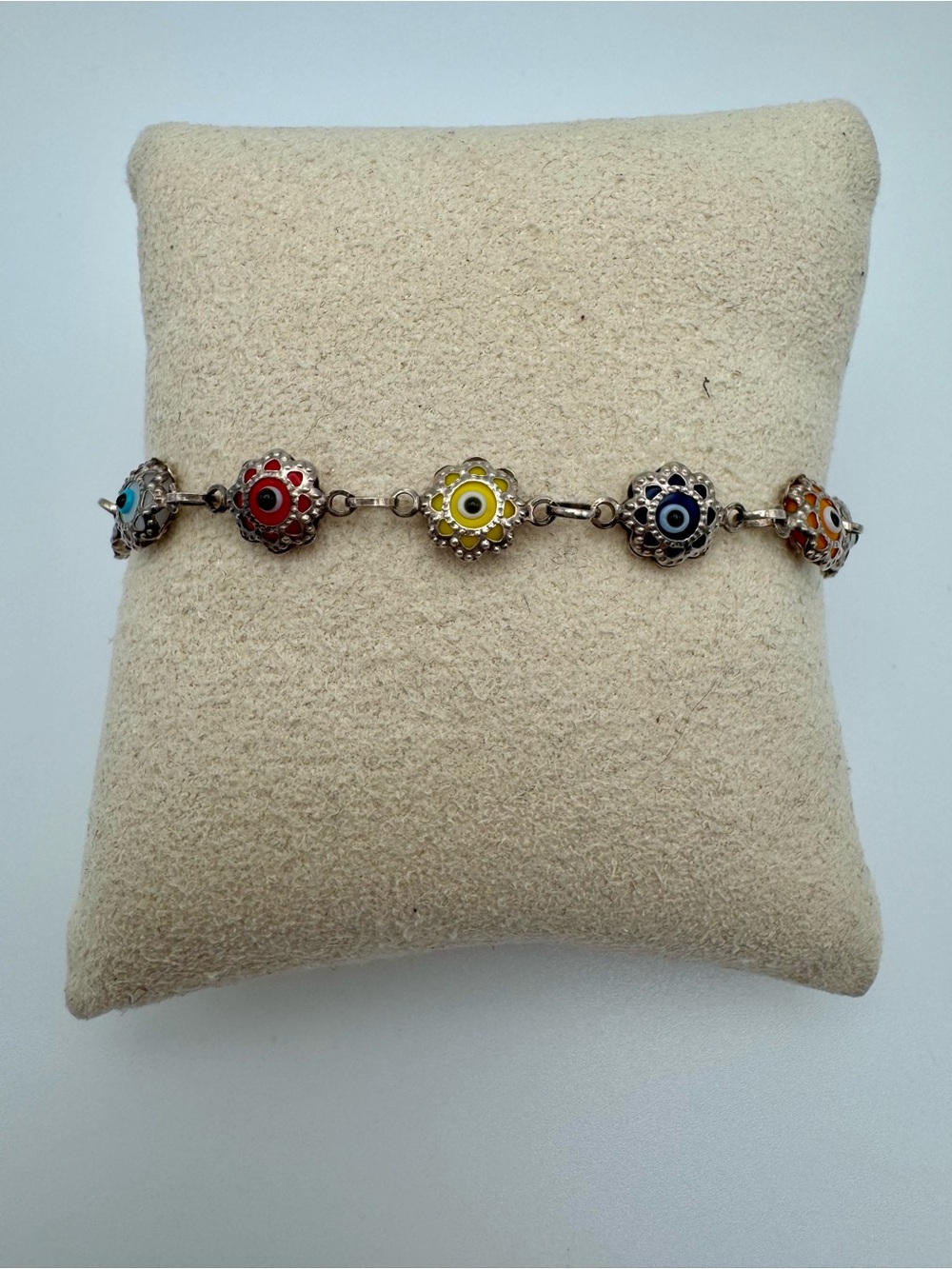 925 Sterling Silver Multicolor Evil Eye Nazar Flower Link Bracelet 7.25in 4.43g